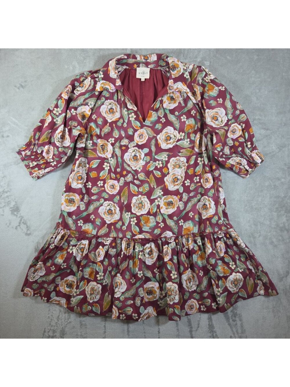 Umgee Womens Mixed Floral Collared Boho Midi Dress 3/4 Sleeve Large Maroon